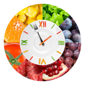 Food clock with fruits and vegetables. Healthy food concept